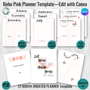 Pink Boho 12 Month Undated Planner Canva Templates